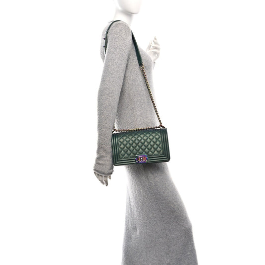 Iridescent Goatskin Quilted Medium Boy Flap Green