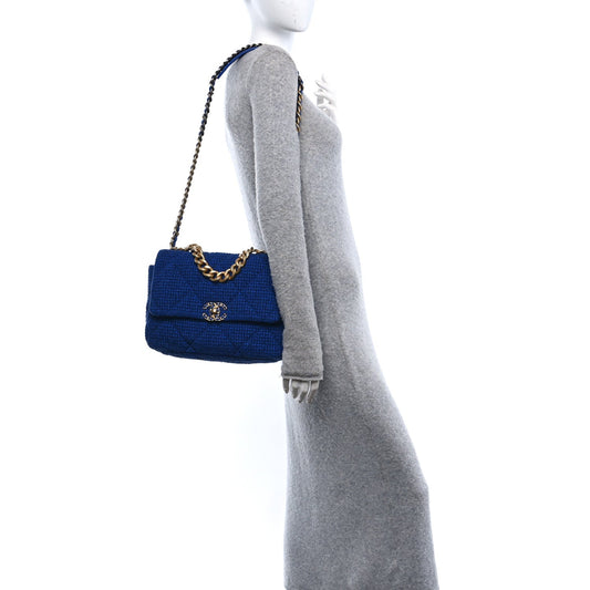 Tweed Quilted Large Chanel 19 Flap Blue