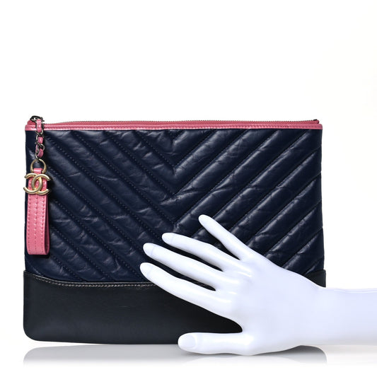 Aged Calfskin Chevron Quilted Medium Gabrielle Cosmetic Case Pink Navy Black