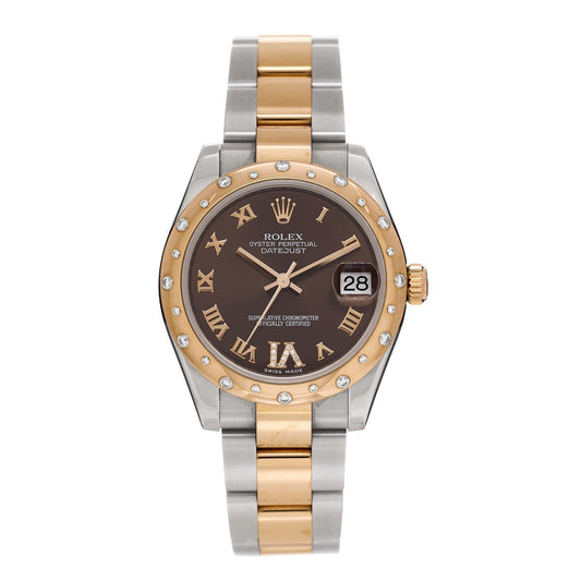 Stainless Steel 18K Everose Gold Diamond 31mm Oyster Perpetual Datejust Watch Chocolate Roman 178341
