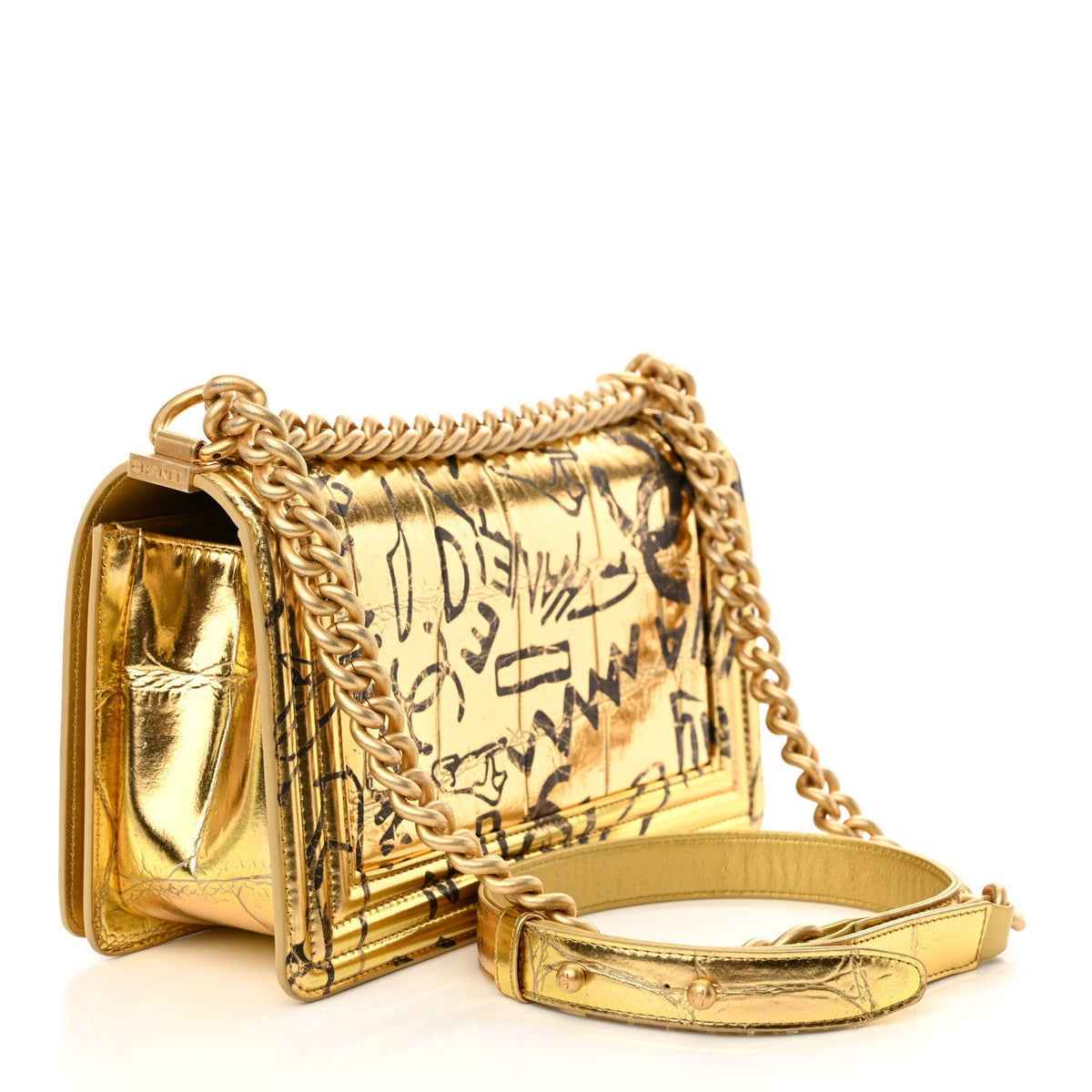 Metallic Calfskin Crocodile Embossed Graffiti Medium Cocodile Boy Flap Gold