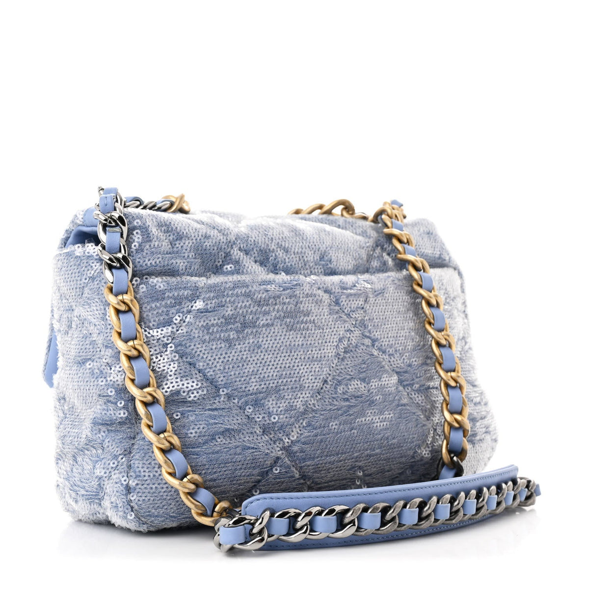 Sequin Quilted Medium Chanel 19 Flap Light Blue