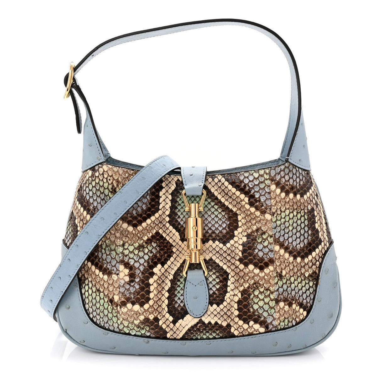 Snakeskin Ostrich Calfskin Small Jackie 1961 Hobo Blue Multicolor