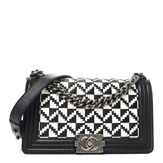 Calfskin Woven Medium Boy Flap Black White