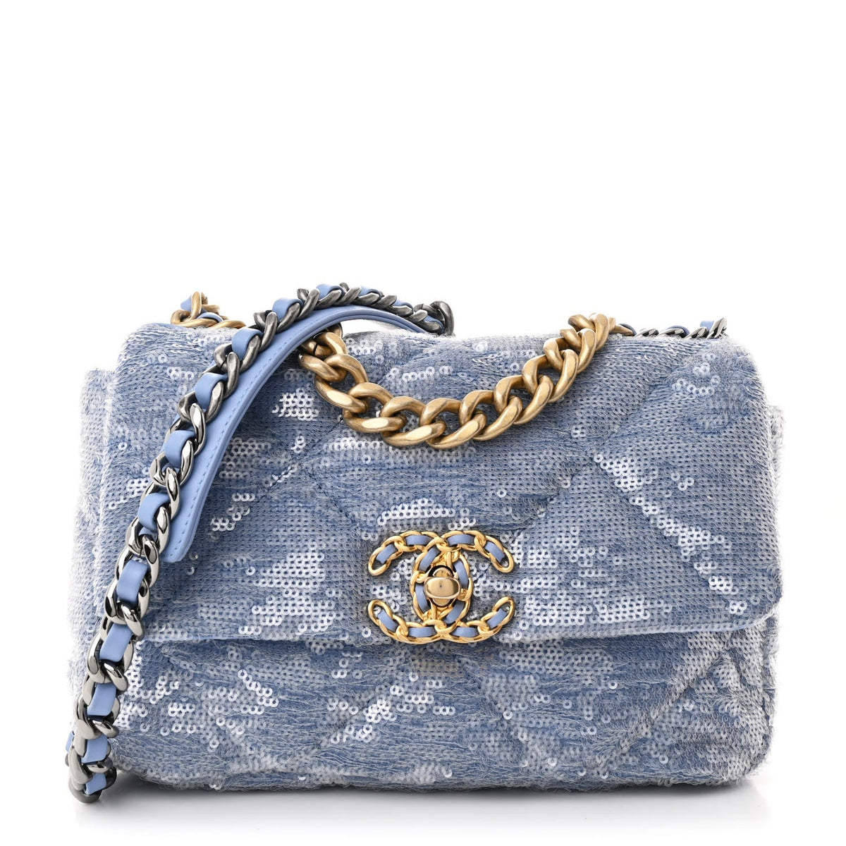 Sequin Quilted Medium Chanel 19 Flap Light Blue