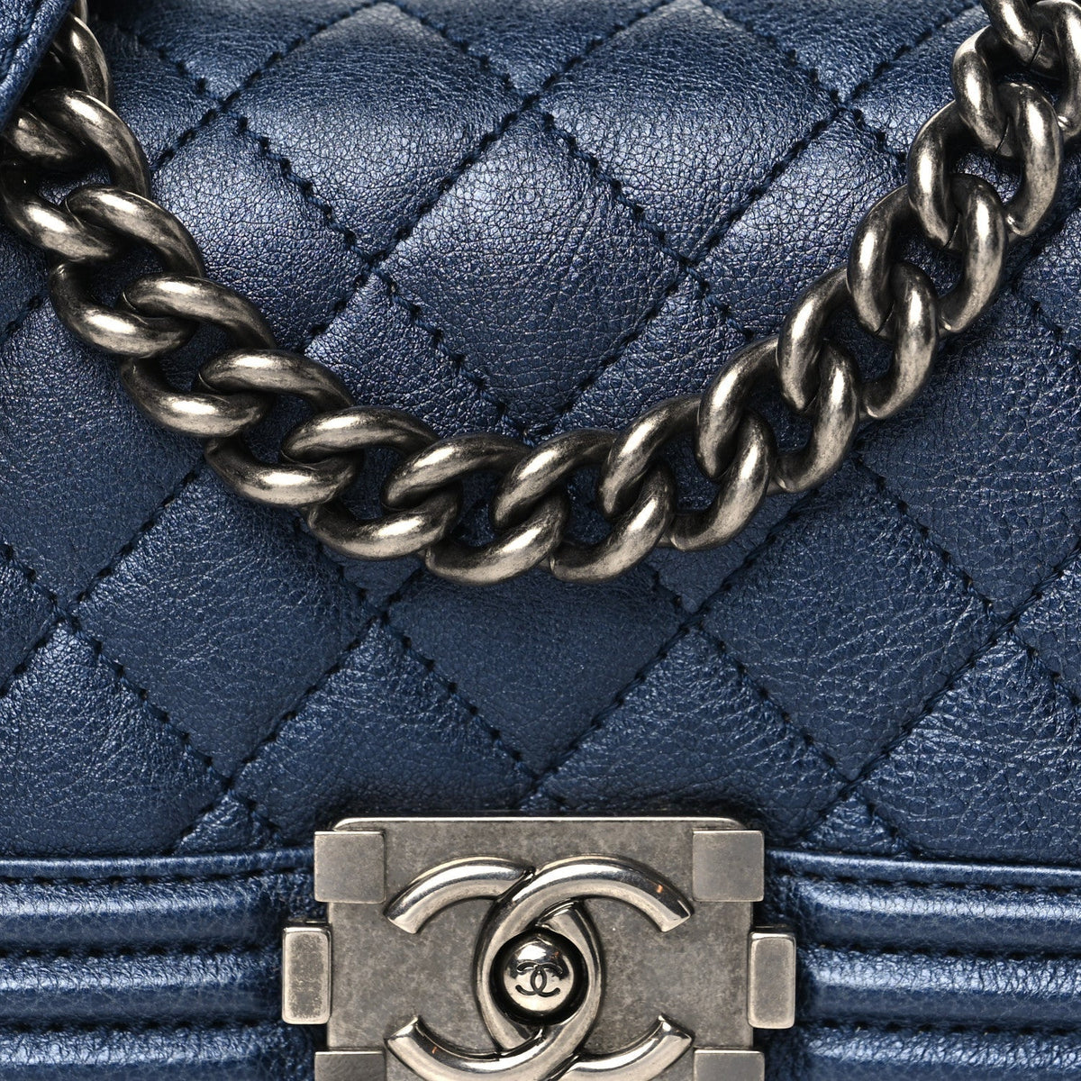 Metallic Calfskin Quilted Mini Boy Flap Blue