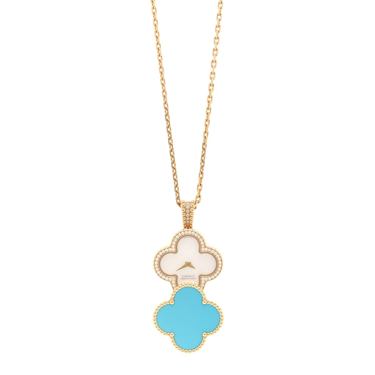 18K Yellow Gold Diamond Turquoise Mother of Pearl 28mm Alhambra Secret Pendant Quartz Watch