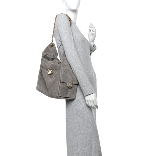 Suede Quilted Medium Chanel 25 Handbag Grey