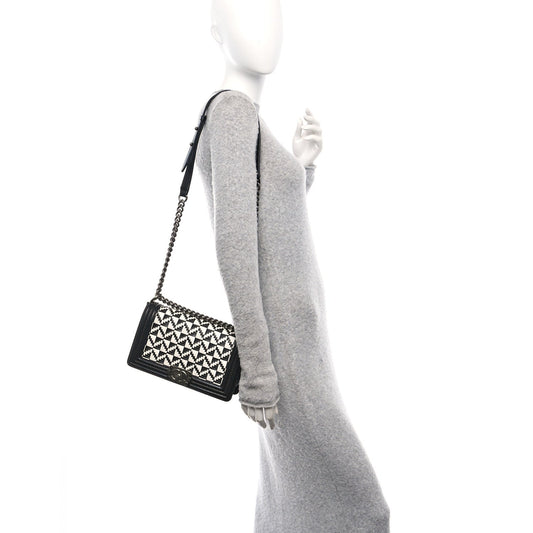 Calfskin Woven Medium Boy Flap Black White