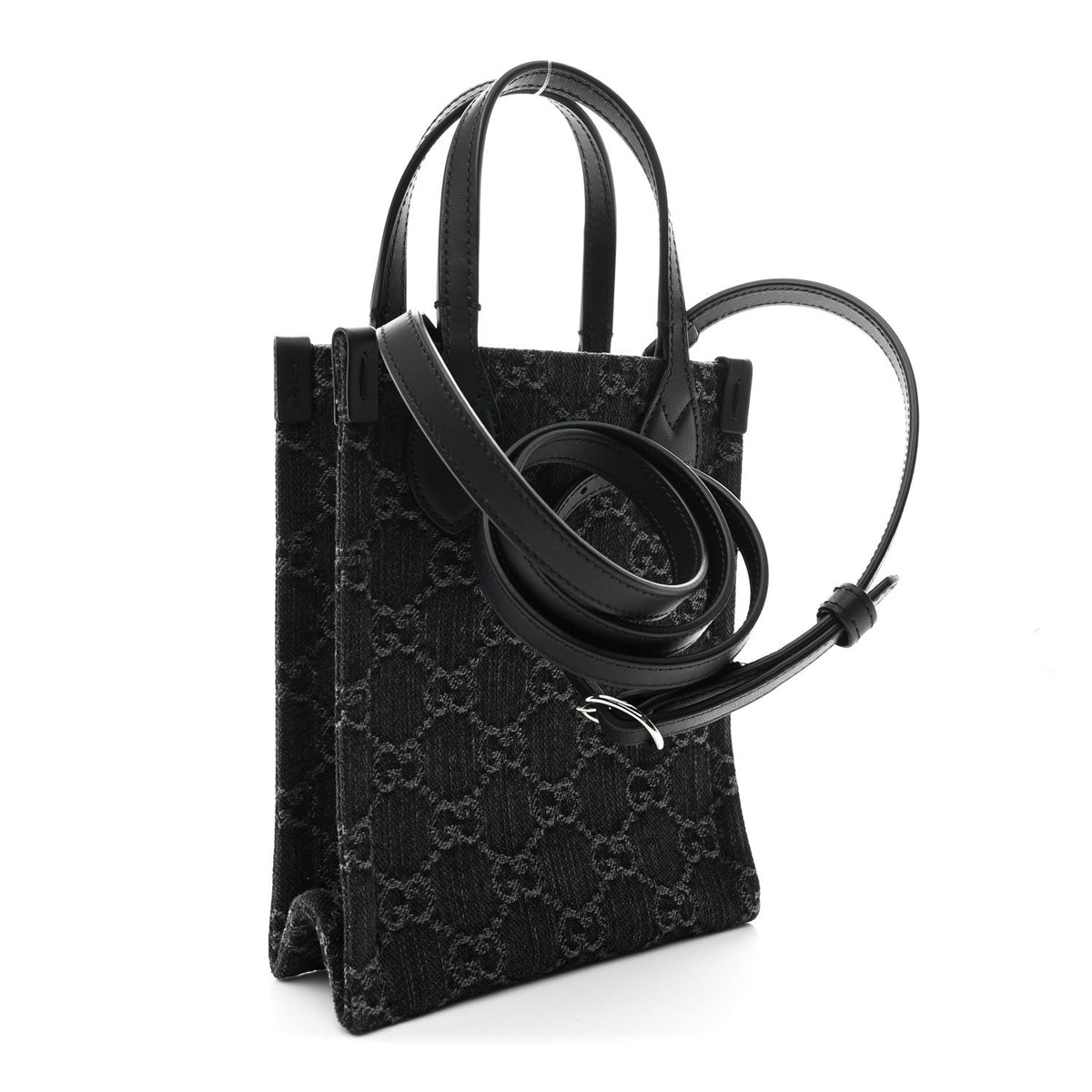 Denim Cuoio Harness GG Monogram Mini Ophidia Tote Bag Black Medium Grey