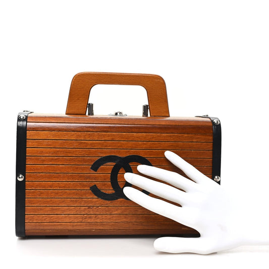 Wood Lambskin CC Vanity Case Brown Black